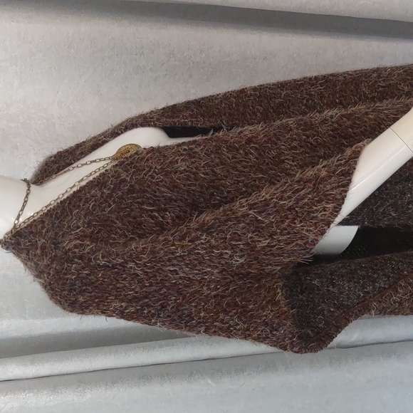 Bryn Walker Fall Poncho Wrap Open Long Fringe Bohemian Sweater Wool Shaggy Coat - Picture 6 of 8